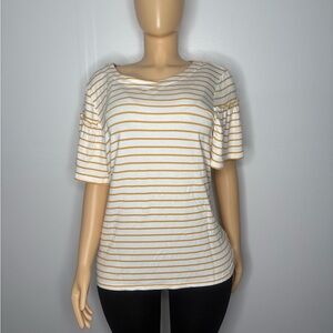 Ann Taylor Cream Tee with Mustard Stripes and Flutter Sleeves